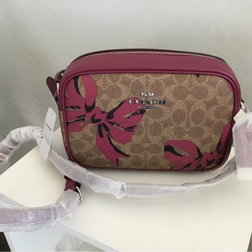 Coach Jamie Camera Bag Signature Canvas with Pink Bow Print